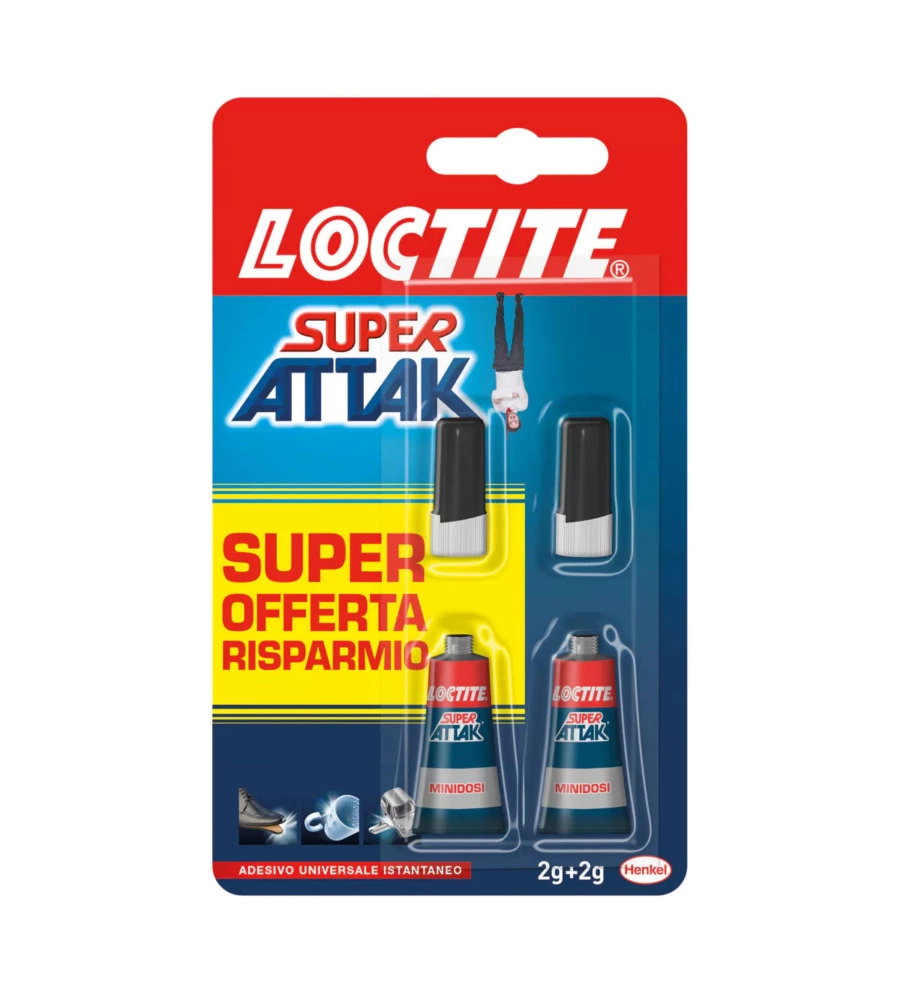 Colla liquida trasparente henkel "loctite super attak", 2+2 gr